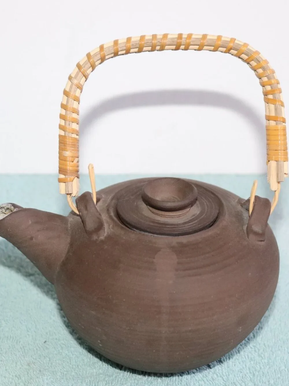 Vintage Handmade Earthenware Teapot Bamboo Handle Rustic Folk Art Pottery